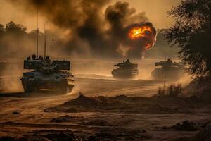 tanques Proporcionar cubierta fuego como infantería desmonta a asalto un enemigo punto fuerte. conjunto brazos maniobra. generativo ai foto