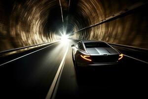 The sports car speeding through a tunnel, sun glinting off the sleek dark surface of the windshield Pushing the limits of speed and control with death-defying recklessness. Generative AI photo