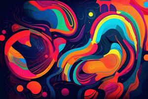 Abstract shapes and patterns in fluorescent colors. The shapes are bold and dynamic, with colors blending together to create a striking visual effect. Generative AI photo