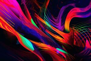 Abstract shapes and patterns in fluorescent colors. The shapes are bold and dynamic, with colors blending together to create a striking visual effect. Generative AI photo