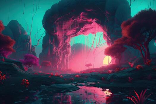 Surreal and imaginative dreamscape filled with fluorescent colors. The scene is otherworldly and fantastic, with colors blending together to create a mesmerizing effect. Generative AI photo