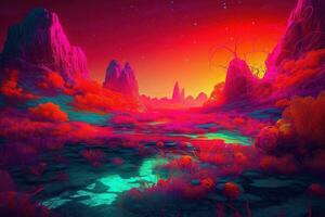 surrealista y imaginativo paisaje de ensueño lleno con fluorescente colores. el escena es de otro mundo y fantástico, con colores mezcla juntos a crear un fascinante efecto. generativo ai foto