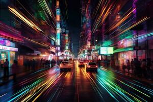 Concept illustration showcases a busy city street illuminated by fluorescent lights. Scene is lively and energetic, with people walking and cars driving by. Futuristic dynamic vibe. Generative AI photo