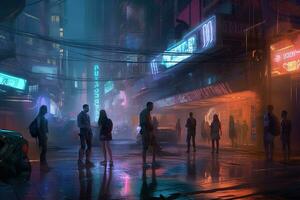 Illustration nightlife of a futuristic city, with fluorescent lights illuminating the streets. The scene is energetic and dynamic, with people dancing and socializing in clubs and bars. Generative AI photo