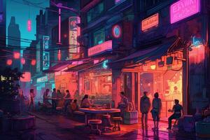 Illustration nightlife of a futuristic city, with fluorescent lights illuminating the streets. The scene is energetic and dynamic, with people dancing and socializing in clubs and bars. Generative AI photo