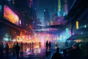 Illustration nightlife of a futuristic city, with fluorescent lights illuminating the streets. The scene is energetic and dynamic, with people dancing and socializing in clubs and bars. Generative AI photo