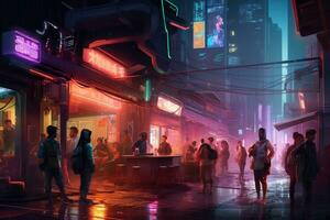 Illustration nightlife of a futuristic city, with fluorescent lights illuminating the streets. The scene is energetic and dynamic, with people dancing and socializing in clubs and bars. Generative AI photo