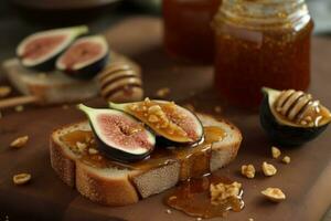 Toast with a drizzle of raw bee's honey and fresh fig jam. Generative Ai photo