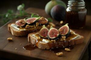 Toast with a drizzle of raw bee's honey and fresh fig jam. Generative Ai photo