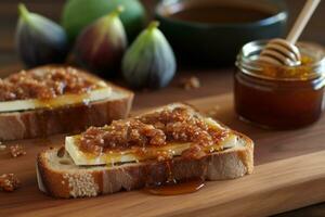 Toast with a drizzle of raw bee's honey and fresh fig jam. Generative Ai photo