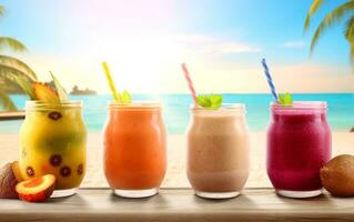 Collection of fruits smoothies on beach tropical resort background. Generative AI. photo