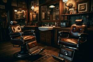 Two classic leather barber chairs facing each other, striped cloth around the neck. Old-style barber tools and razors on shelves. Generative AI photo