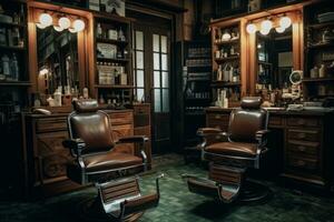 Two classic leather barber chairs facing each other, striped cloth around the neck. Old-style barber tools and razors on shelves. Generative AI photo