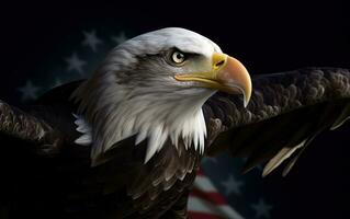 Angry North American bald eagle over American flag. Patriotic holiday celebrate 4th of July. Generative AI. photo
