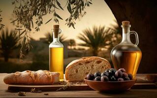 Olive oil bottle, sesame bread, olives in bowl and olive branch on rustic wooden table with olive trees in background. Generative AI photo
