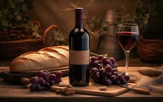 Red wine bottle, sesame bread, bunch of grapes and grape leaves on rustic olive table with vineyard in background. Generative AI photo