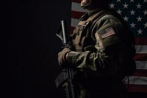 veteranos día, honrando todas quien servido. soldado en frente de americano bandera. soldado con automático rifle. generativo ai foto