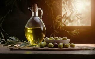 Olive oil bottle, sesame bread, olives in bowl and olive branch on rustic wooden table with olive trees in background. Generative AI photo