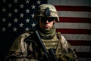 Veterans Day, Honoring all who served. Soldier in front of American Flag. Soldier with automatic rifle. Generative AI photo