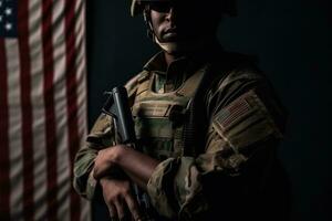 veteranos día, honrando todas quien servido. soldado en frente de americano bandera. soldado con automático rifle. generativo ai foto