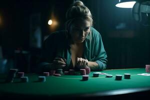 mujer jugando póker en verde mesa con papas fritas todas alrededor, frente vista. generativo ai foto