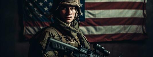 veteranos día, honrando todas quien servido. soldado en frente de americano bandera. soldado con automático rifle. generativo ai foto