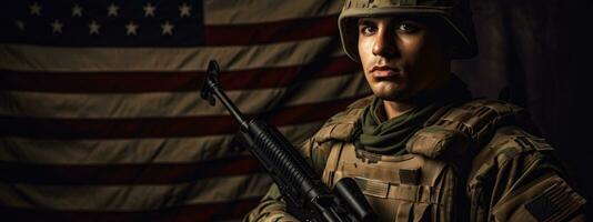 veteranos día, honrando todas quien servido. soldado en frente de americano bandera. soldado con automático rifle. generativo ai foto