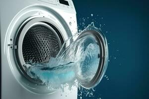 Washing machine drum with clean water flow and splashes. Laundry concept. Generative AI photo