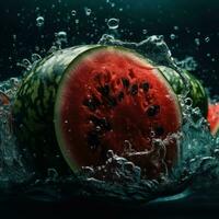 sandía son sumergido y arrojado en agua. un Fresco y creativo publicidad concepto para Fruta fotografía. generativo ai foto