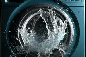 Washing machine drum with clean water flow and splashes. Laundry concept. Generative AI photo