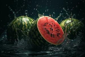 sandía son sumergido y arrojado en agua. un Fresco y creativo publicidad concepto para Fruta fotografía. generativo ai foto