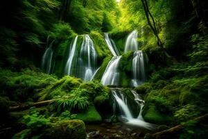 Waterfall in green forest. Generative Ai. photo