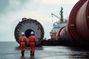 Workers inspecting the undersea gas pipeline. The focus be on the importance of regular maintenance and inspection of the pipeline. Generative AI photo