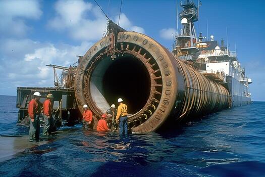 Workers inspecting the undersea gas pipeline. The focus be on the importance of regular maintenance and inspection of the pipeline. Generative AI photo