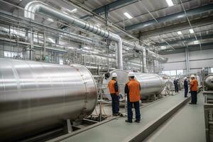 trabajadores en el producción línea a el lng planta. el trabajo en equipo y cooperación involucrado en el producción proceso. generativo ai foto