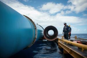 trabajadores inspeccionando el submarino gas tubería. el atención ser en el importancia de regular mantenimiento y inspección de el tubería. generativo ai foto