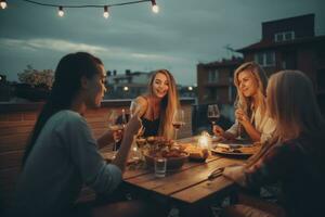 BBQ dinner with young friends eating and drinking fun. Warm lights that create a playful and sparkling atmosphere on the roof of the house. Generative AI photo
