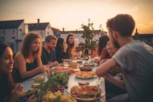 BBQ dinner with young friends eating and drinking fun. Warm lights that create a playful and sparkling atmosphere on the roof of the house. Generative AI photo