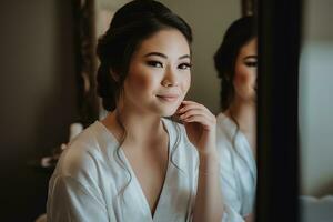 Bride-to-be getting ready for her big day. She sits in front of a mirror surrounded by her bridesmaids, who help her with her hair, makeup, and nails. The setting is romantic and dreamy. Generative AI photo