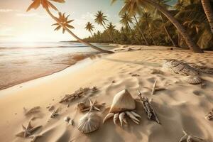 A beach with coconut palms, coconut leaves, starfish, shells, and sand. Generative AI photo