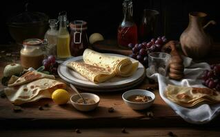 Crepes on rustic wooden table with ingredients. Generative AI photo