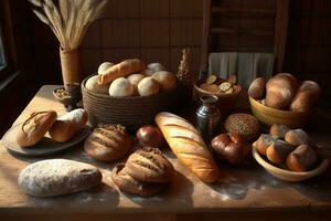 View of assortment of different kind of bread bakery. Concept menus and advertisement. Generative AI photo