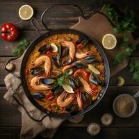 Spanish paella on dark wooden table with ingredients. Generative AI. photo