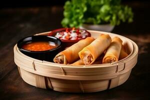 Traditional spring rolls on a wooden rustic table. Asin cousine concept. Generative AI. photo