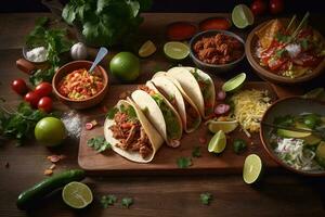 Top view of original Mexican tacos with beef, tomatoes, avocado, chilli and onions isolated on rustic wood background. Concept menus and advertisement. Generative AI photo