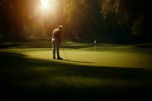A male golfer playing a game on a green field in summer. Generative AI. photo