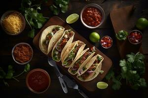 Top view of original Mexican tacos with beef, tomatoes, avocado, chilli and onions isolated on rustic wood background. Concept menus and advertisement. Generative AI photo