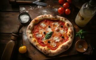 Original Neapolitan pizza margherita on rustic background. Generative AI photo