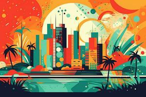 Abstract illustration Miami Holliday retro theme. Vivid colors. Generative AI. photo