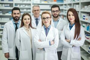 publicidad retrato Disparo de un equipo de farmacéuticos en pie juntos en un farmacia y sonriente a el cámara. generativo ai foto